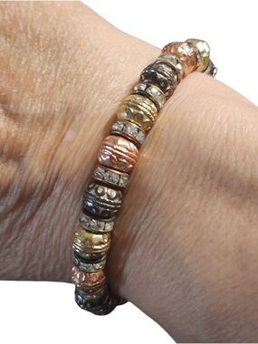 Tri Tone Beaded Stretch Bracelet Gold Gunmetal Rose Gold